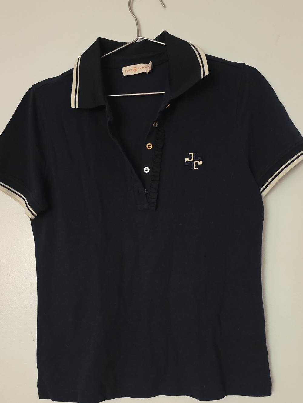 Tory Burch Navy Polo with White Contrast Trim